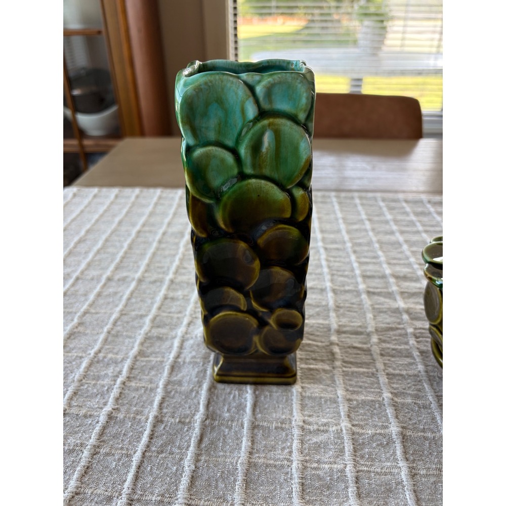 vintage Tilso vase Japan dimpled texture hand-painted green and blue-green glaze